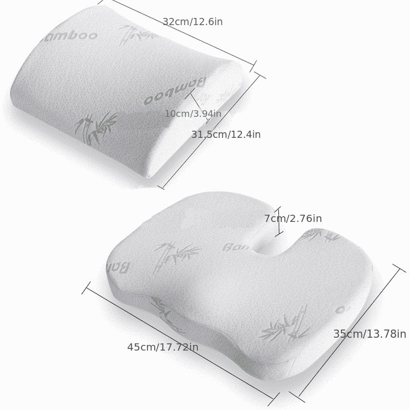 Relieve Back Pain & Improve Posture with Bamboo Fiber Memory Foam Waist Support Cushion Set for Home & Office Chairs