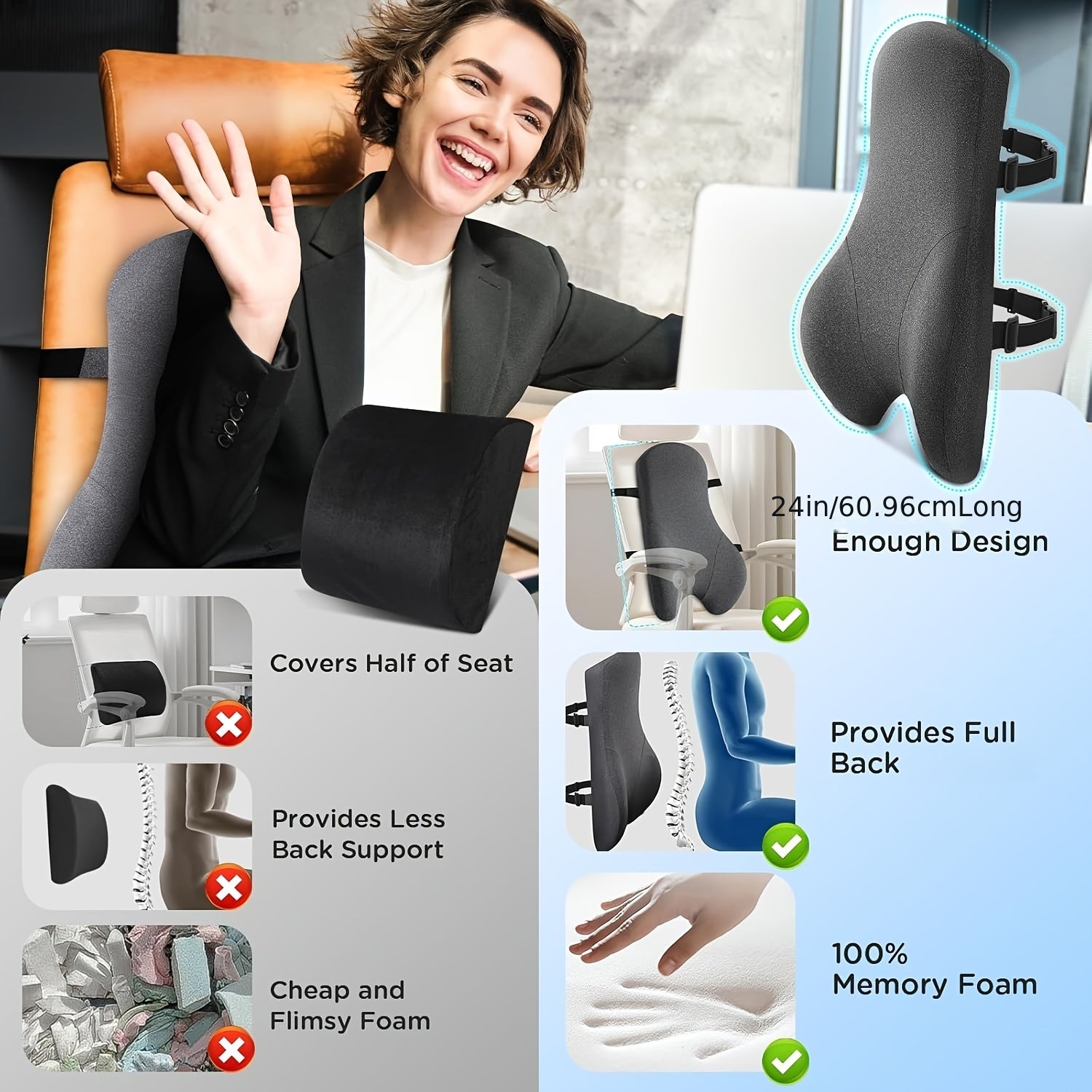 Long Back Support Pillow for Caravans Recliner Sitting Back Cushion for Comfort, Big Ergonomics orthopedic Posture Backrest Pillow- Memory Foam Back Cushion for Car Seat Office Chair, Desk Chair, Gaming Chair