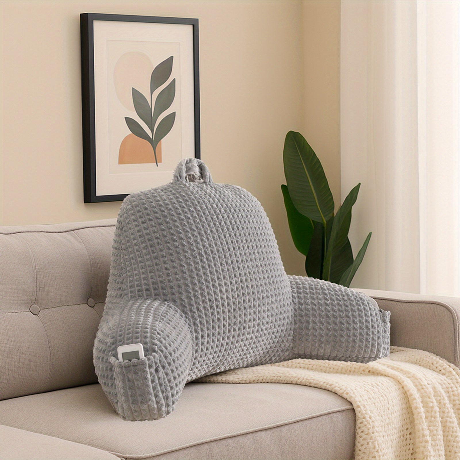 Ergonomic Waist Support Pillow, Lumbar Pillow, Back Support Pillow, Striped Reading Pillow Waist Pad 2-in-1, Washable Pillowcase with Armrests and Storage Bag, Suitable for Office, Bed, Sofa, Desk, Recliner Chair, Vehicle