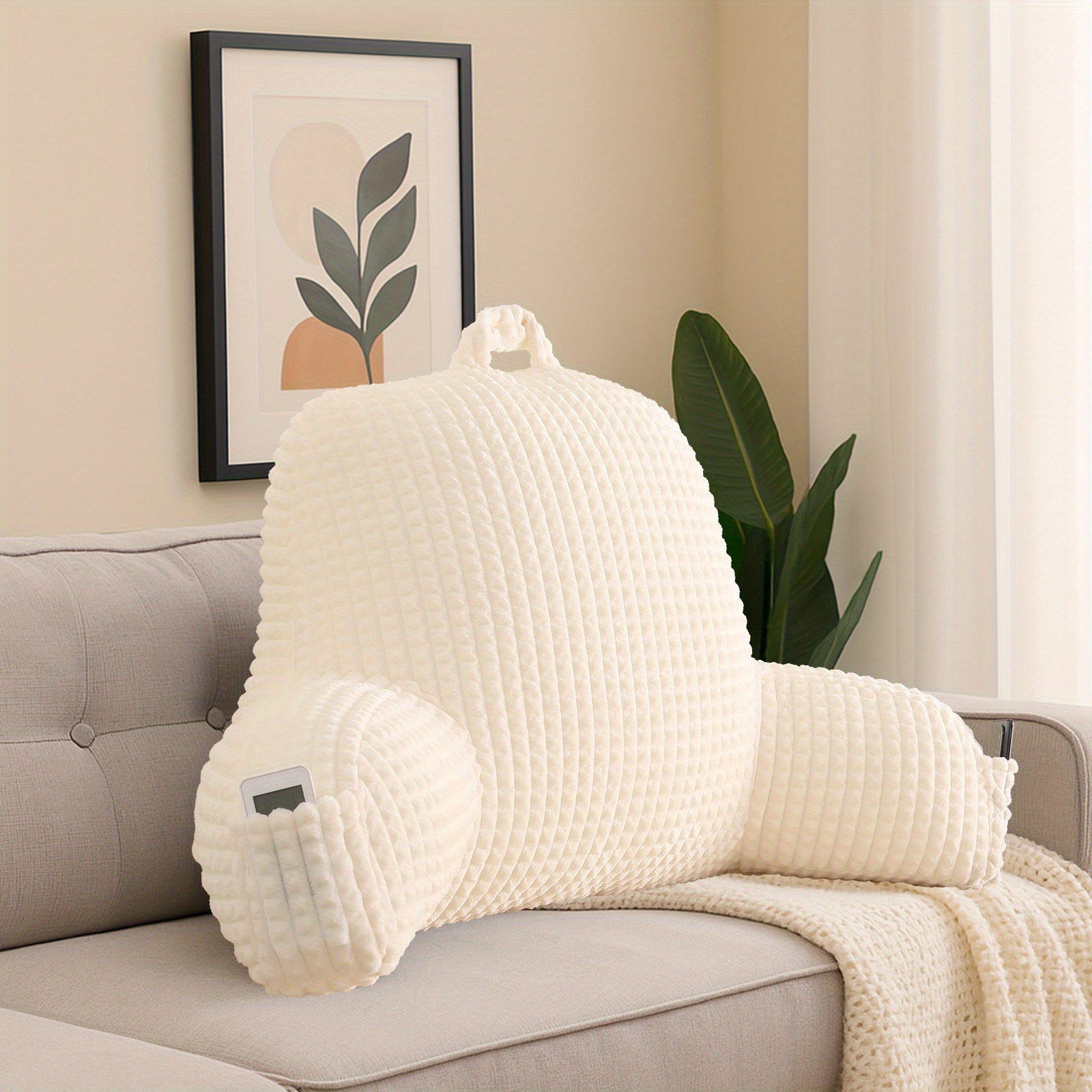 Ergonomic Waist Support Pillow, Lumbar Pillow, Back Support Pillow, Striped Reading Pillow Waist Pad 2-in-1, Washable Pillowcase with Armrests and Storage Bag, Suitable for Office, Bed, Sofa, Desk, Recliner Chair, Vehicle
