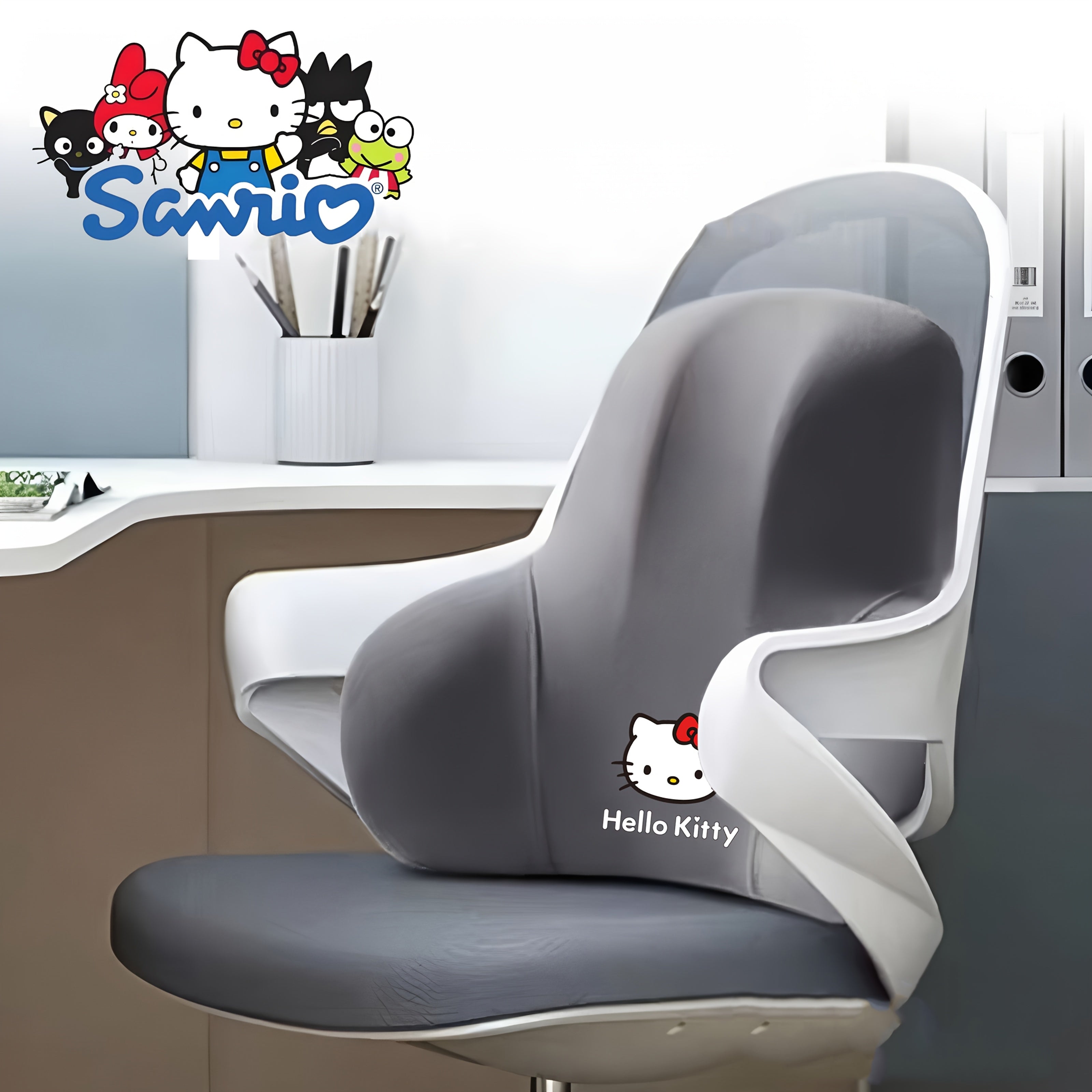 Sanrio for hello kitty Ergonomic Office Chair Cushion - Lightweight Portable Memory Foam Back Support with Contoured Design for Home Office, Car & Bed - Black, White, Pink, Blue, Grey, Chair Cushion for Office, Bedroom Comfort, Playful Character Design,