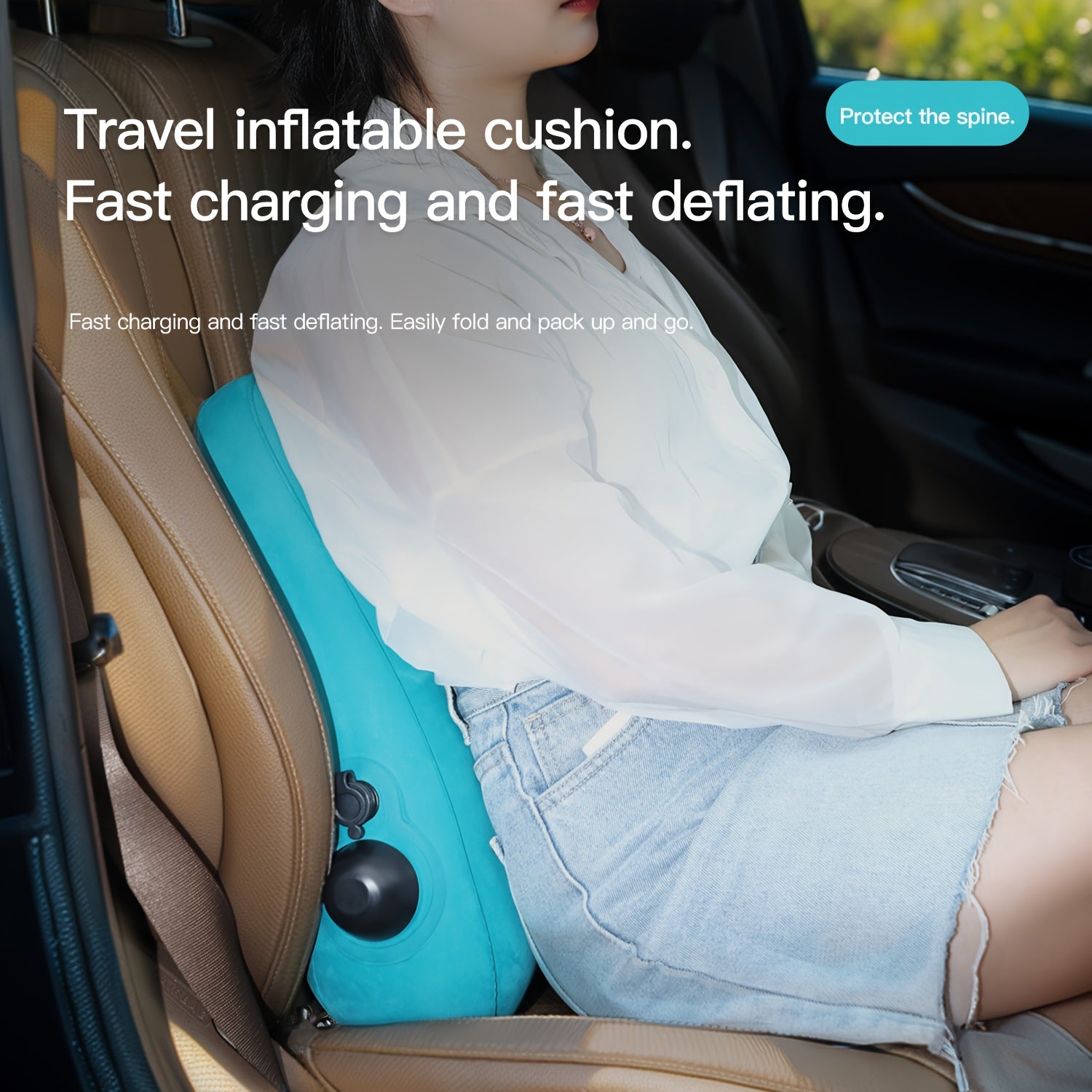 Teal Inflatable Lumbar Support Pillow - Ergonomic Travel Cushion with Pressure Relief Design for Long-Distance Flights, High-Speed Trains & Office Use - Washable Synthetic Fiber Cover, All-Season Comfort, Flight Comfort Accessory | Snug Fit Design,