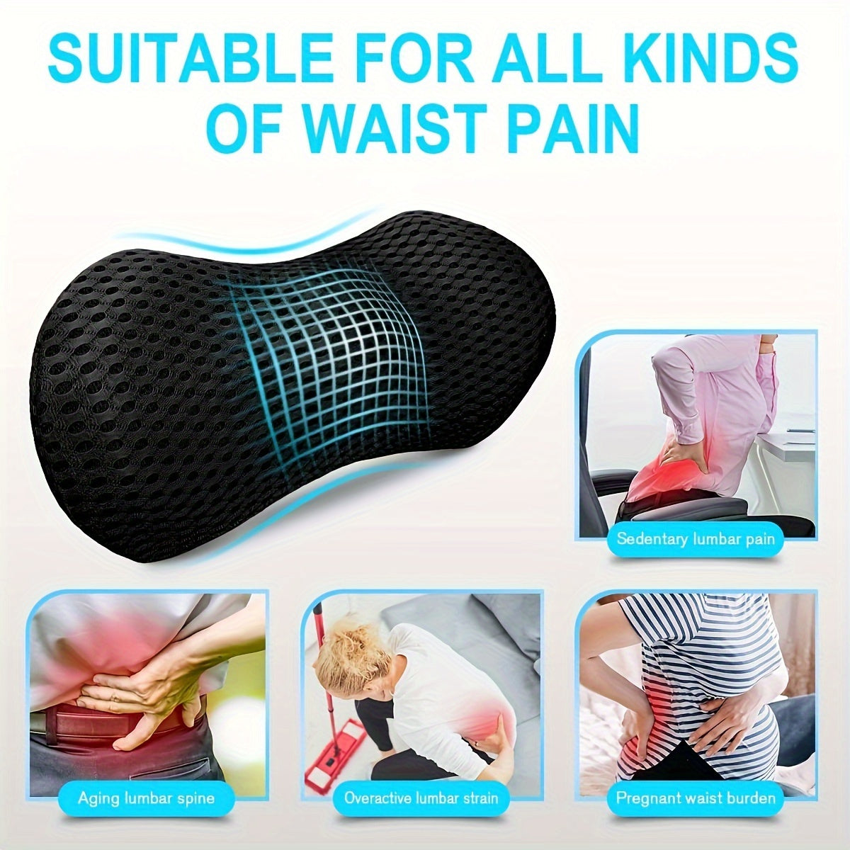 Human-Engineered Lumbar Support Pillow, Black, Textured Surface, Lightweight, Machine Washable – Suitable for Car Seats, Office Chairs, Recliners & Beds | Back | Ergonomic Design with Removable Cover
