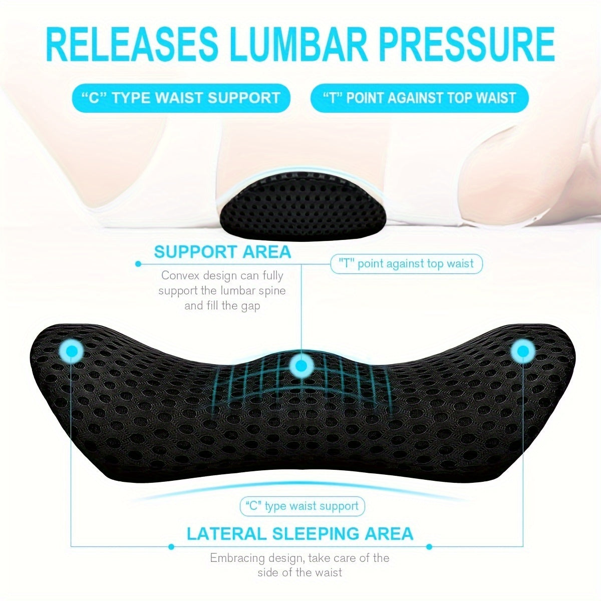 Human-Engineered Lumbar Support Pillow, Black, Textured Surface, Lightweight, Machine Washable – Suitable for Car Seats, Office Chairs, Recliners & Beds | Back | Ergonomic Design with Removable Cover