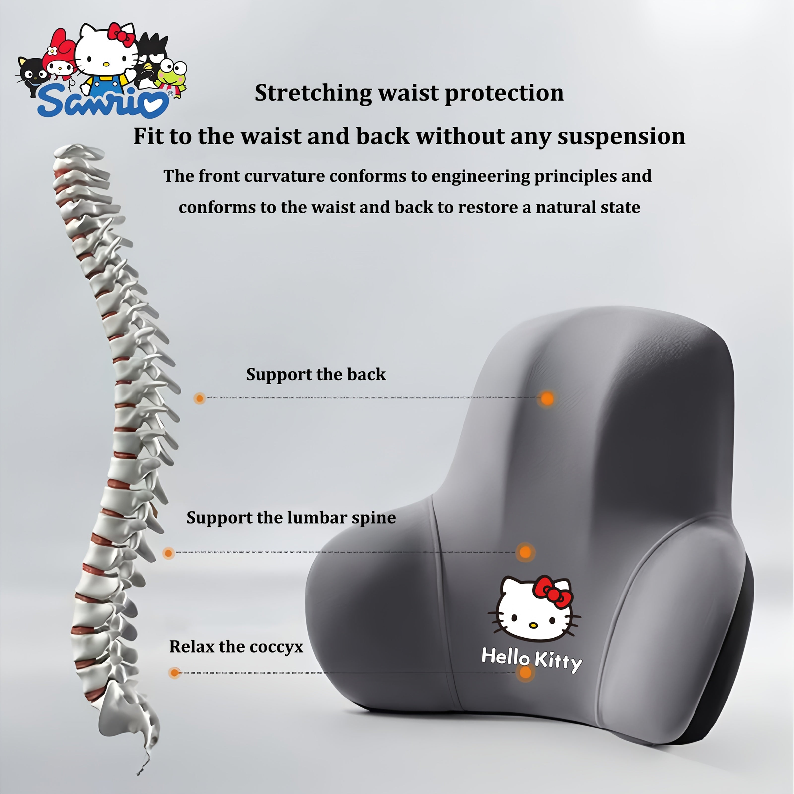 Sanrio for hello kitty Ergonomic Office Chair Cushion - Lightweight Portable Memory Foam Back Support with Contoured Design for Home Office, Car & Bed - Black, White, Pink, Blue, Grey, Chair Cushion for Office, Bedroom Comfort, Playful Character Design,