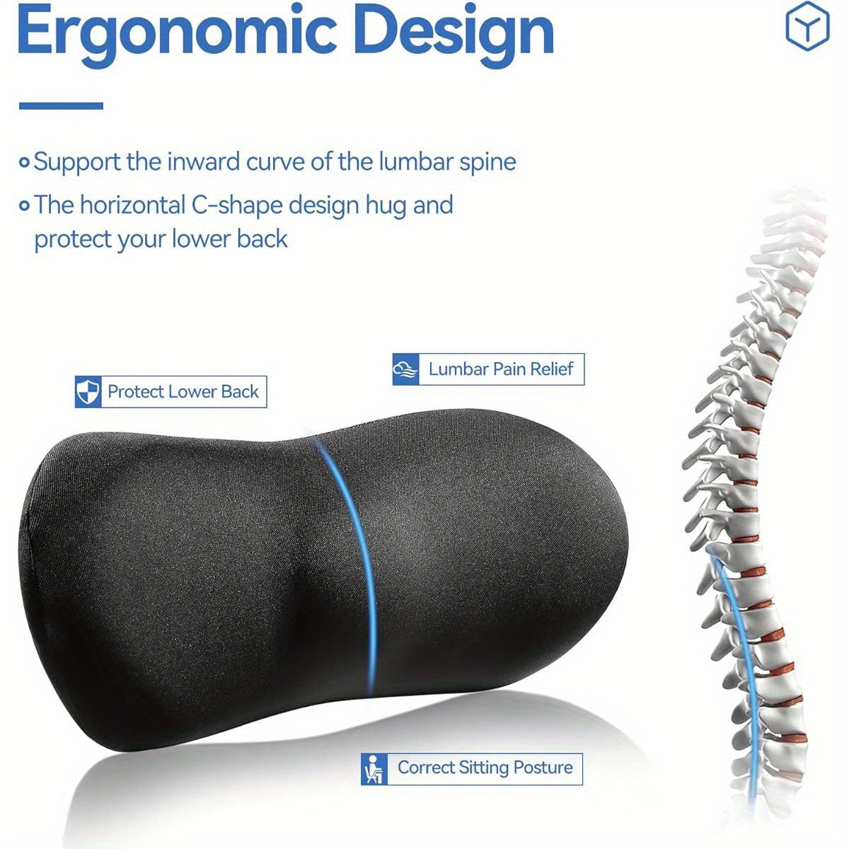 Premium Non-Slip Lumbar Support Pillow with Adjustable Strap - Fade-Resistant, Stay Put Design for Office Chair, Car Seat, Bed & Recliner - Black, Ergonomic Pillow, Seat Cushion, Modern Pillow, Durable Pillow