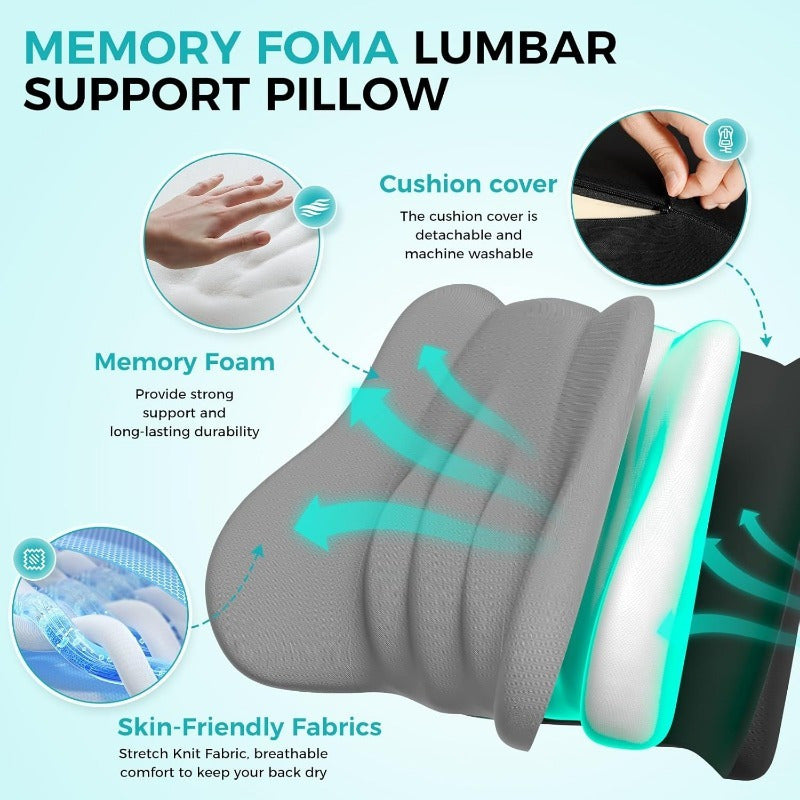 Ergonomic Memory Foam Lumbar Support Cushion for Office Chair & Car Seat - Breathable Washable Grey Contour Design, Posture Corrector & Back Relief, Backrest for Sitting, Contoured Shape, Breathable Material