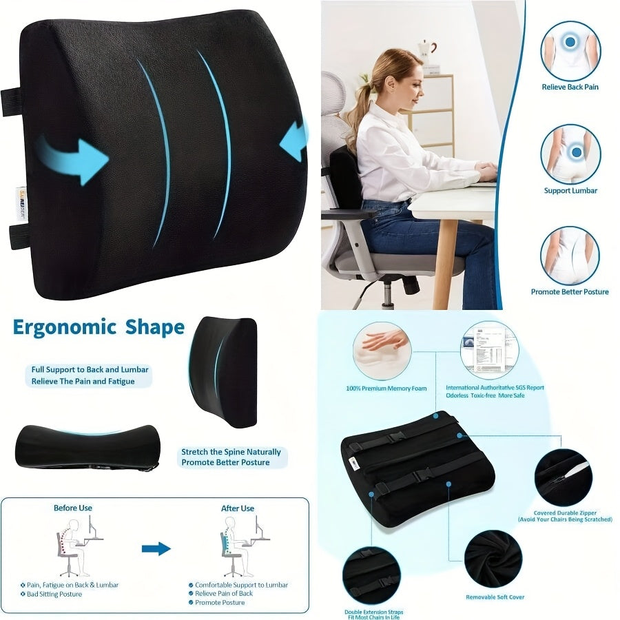 Comfortable Office Chair Lumbar Support Pillow Back Cushion Suitable for Car Gaming Chairs Home Use Relief Posture Improvement Dual Adjustable Straps Black