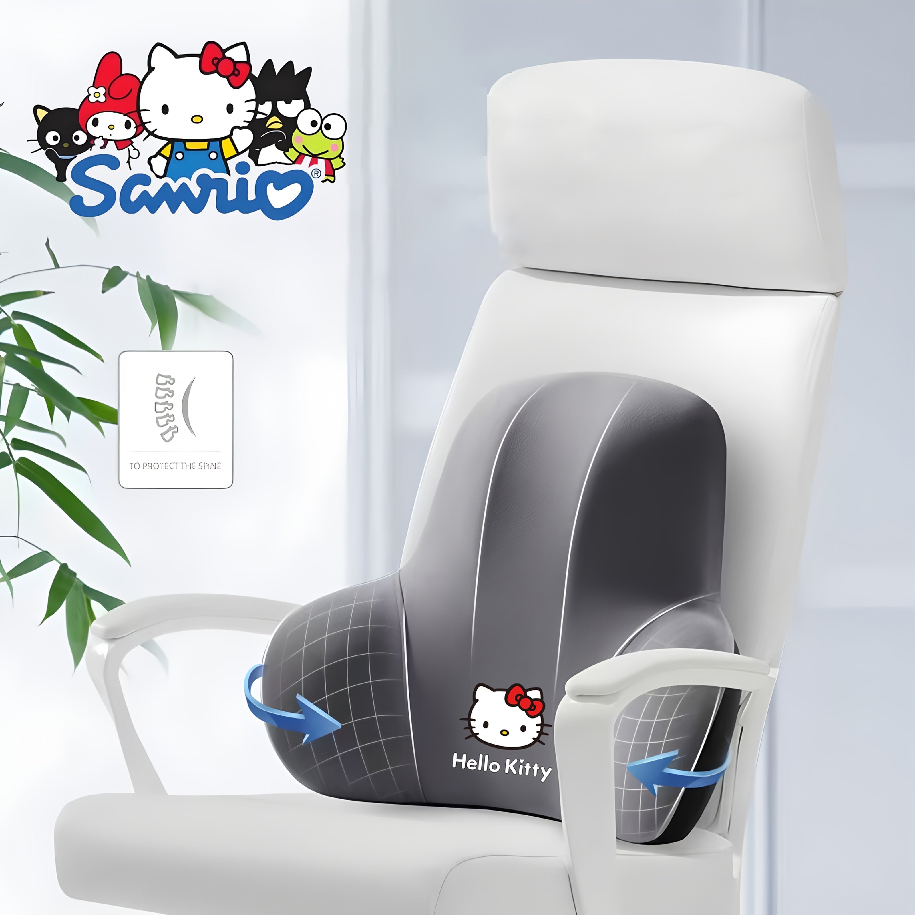 Sanrio for hello kitty Ergonomic Office Chair Cushion - Lightweight Portable Memory Foam Back Support with Contoured Design for Home Office, Car & Bed - Black, White, Pink, Blue, Grey, Chair Cushion for Office, Bedroom Comfort, Playful Character Design,