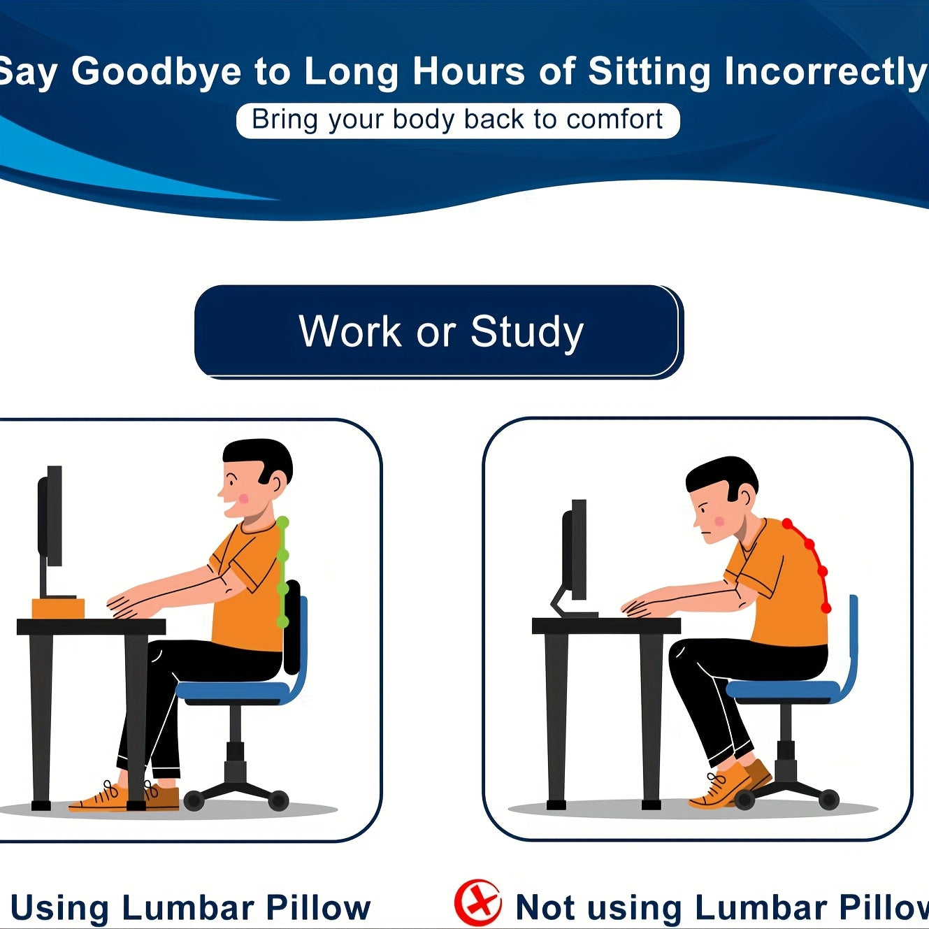 Office chair lumbar support pillow, low back support, ease back pain, ergonomic small back cushion, suitable for tables and chairs, game chairs, adjustable belt and washable pillow case
