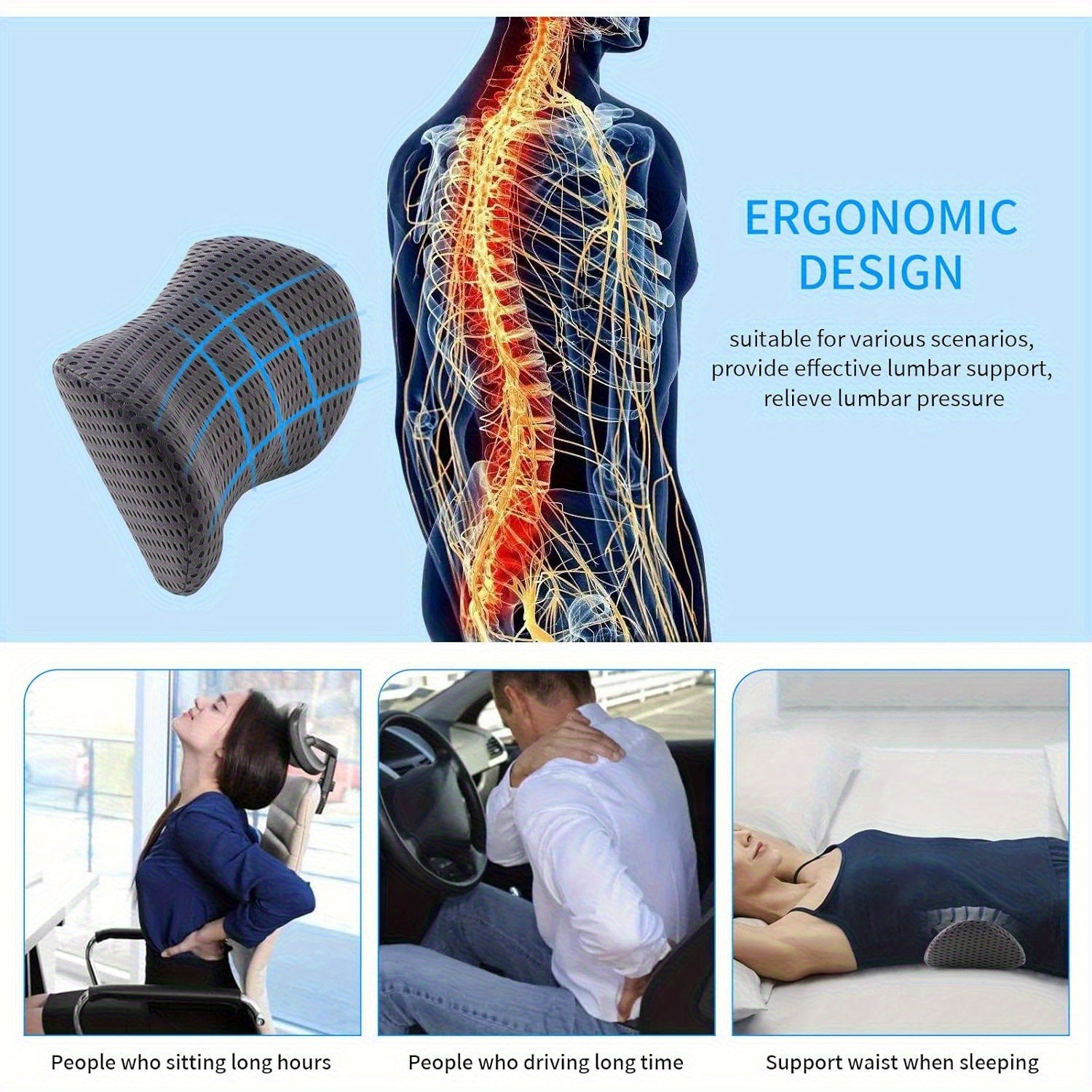 Lumbar Pillow, Lumbar Support Pillow, Suitable for Office Chairs and Car Seats, Back Support Pillow, Used to Lower Back, Used for Sleeping, Driving, Resting
