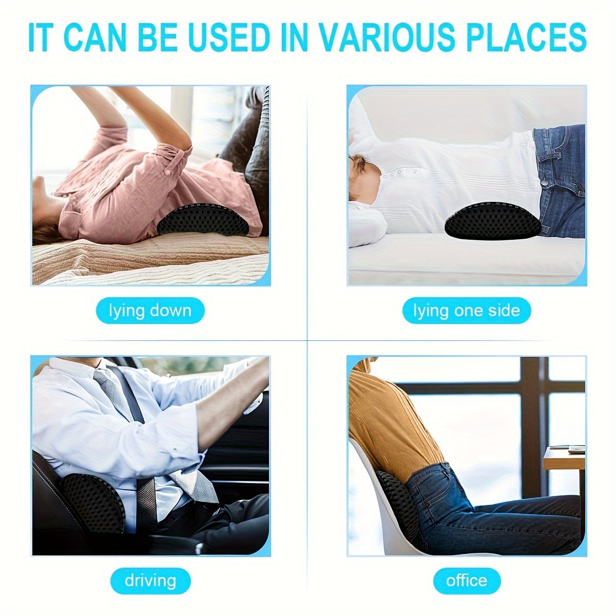 Human-Engineered Lumbar Support Pillow, Black, Textured Surface, Lightweight, Machine Washable – Suitable for Car Seats, Office Chairs, Recliners & Beds | Back | Ergonomic Design with Removable Cover