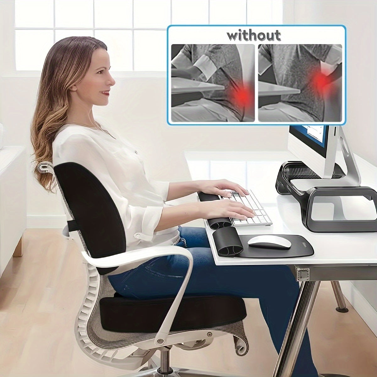 2pcs/set of memory slow rebound cushion, suitable for office chair cushion, car booster cushion, etc., 1 waist support cushion + 1 dining chair cushion, back support car office cushion