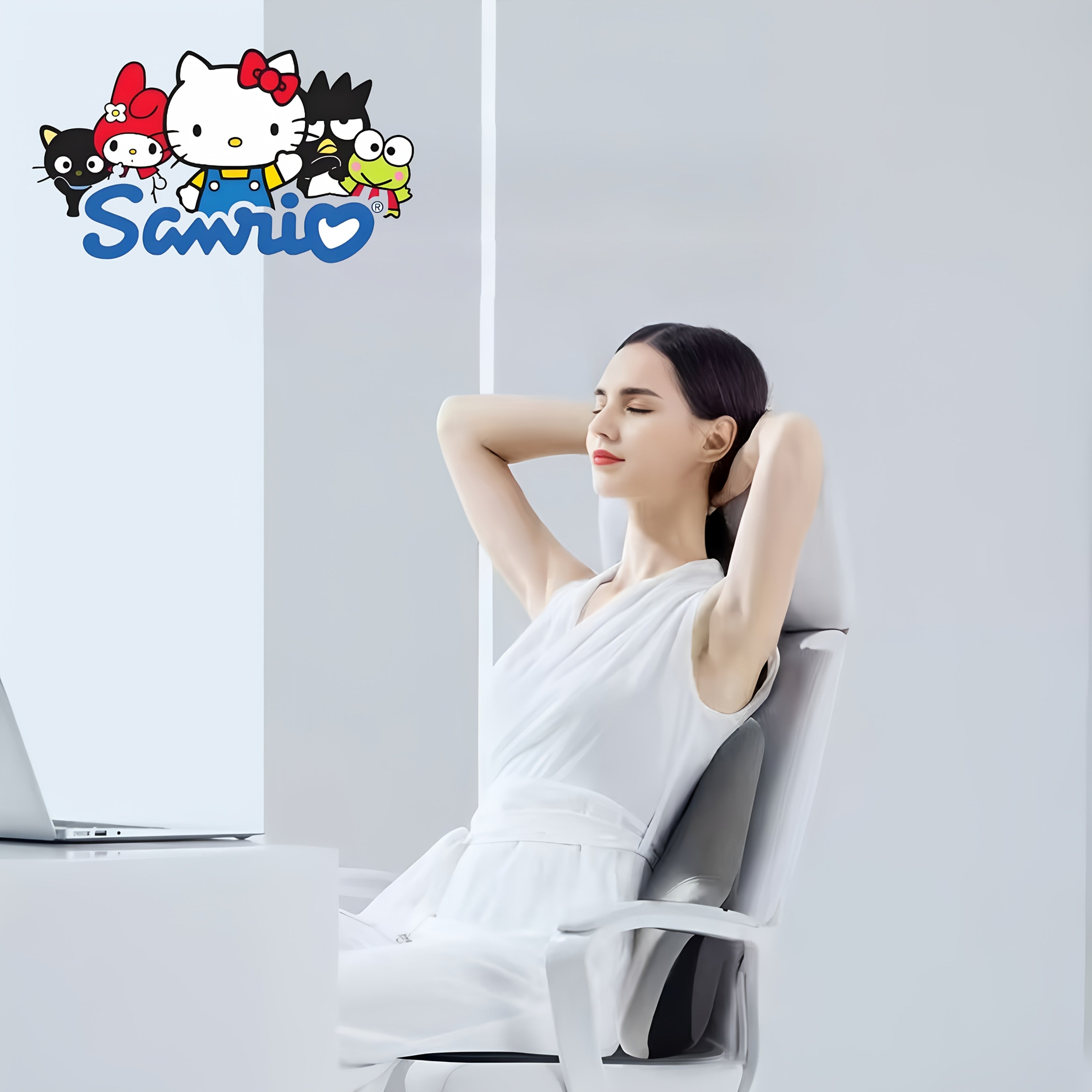 Sanrio for hello kitty Ergonomic Office Chair Cushion - Lightweight Portable Memory Foam Back Support with Contoured Design for Home Office, Car & Bed - Black, White, Pink, Blue, Grey, Chair Cushion for Office, Bedroom Comfort, Playful Character Design,