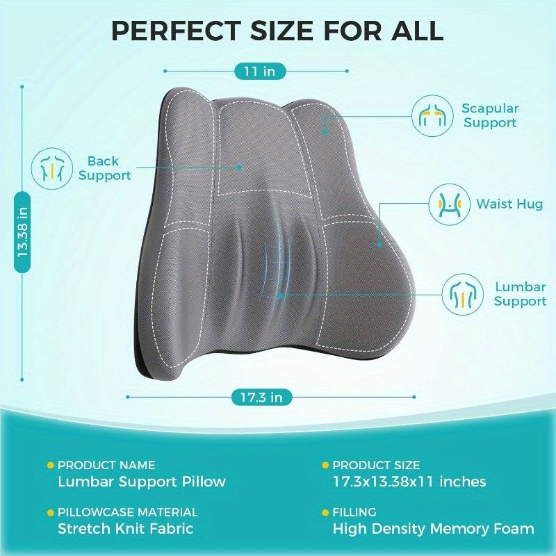 Ergonomic Memory Foam Lumbar Support Cushion for Office Chair & Car Seat - Breathable Washable Grey Contour Design, Posture Corrector & Back Relief, Backrest for Sitting, Contoured Shape, Breathable Material