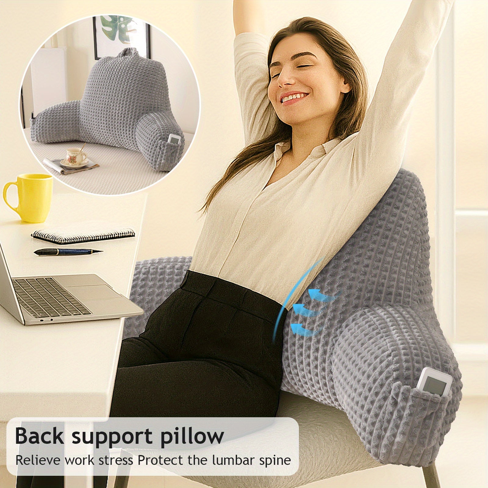 Ergonomic Waist Support Pillow, Lumbar Pillow, Back Support Pillow, Striped Reading Pillow Waist Pad 2-in-1, Washable Pillowcase with Armrests and Storage Bag, Suitable for Office, Bed, Sofa, Desk, Recliner Chair, Vehicle