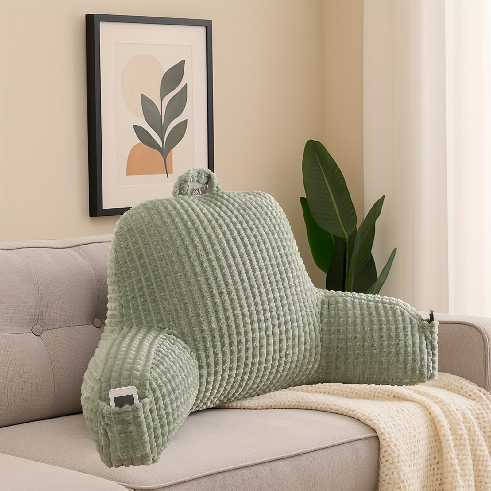 Ergonomic Waist Support Pillow, Lumbar Pillow, Back Support Pillow, Striped Reading Pillow Waist Pad 2-in-1, Washable Pillowcase with Armrests and Storage Bag, Suitable for Office, Bed, Sofa, Desk, Recliner Chair, Vehicle