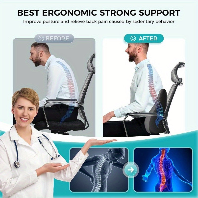Ergonomic Memory Foam Lumbar Support Cushion for Office Chair & Car Seat - Breathable Washable Grey Contour Design, Posture Corrector & Back Relief, Backrest for Sitting, Contoured Shape, Breathable Material