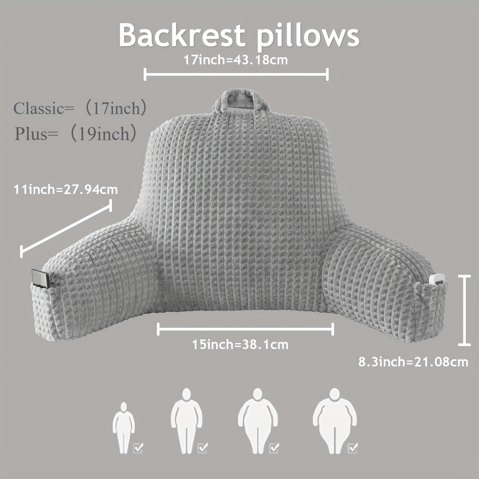 Ergonomic Waist Support Pillow, Lumbar Pillow, Back Support Pillow, Striped Reading Pillow Waist Pad 2-in-1, Washable Pillowcase with Armrests and Storage Bag, Suitable for Office, Bed, Sofa, Desk, Recliner Chair, Vehicle