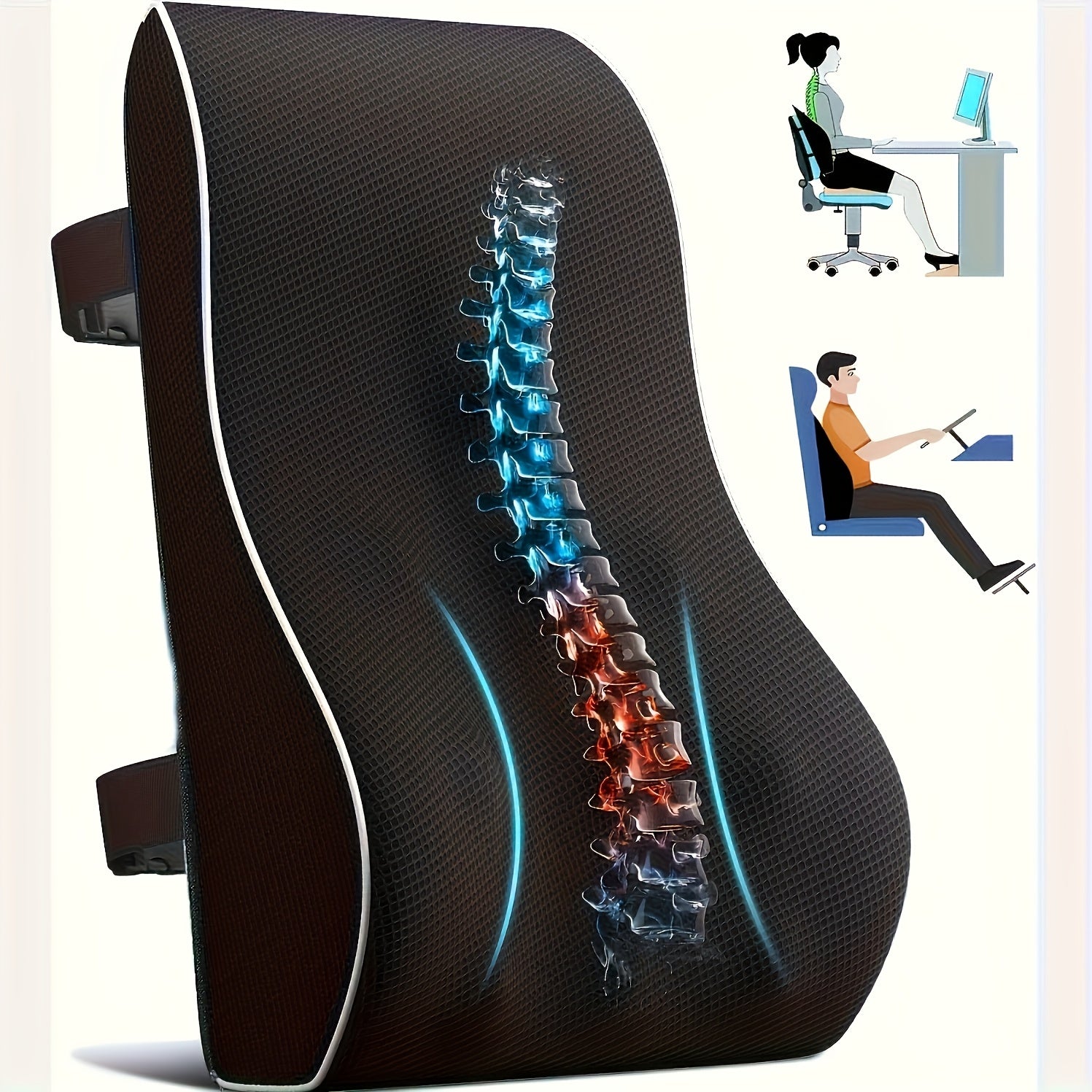 Ergonomic Lumbar Support Pillow with Dual Adjustable Straps, Memory Foam Cushion for Office Chair, Car Seat, Gaming Chair - Black, Relieves Back Pain & Improves Posture, Car Seat Comfort|Ergonomic Pillow|Memory Foam Pillow, Car Seat Cushion