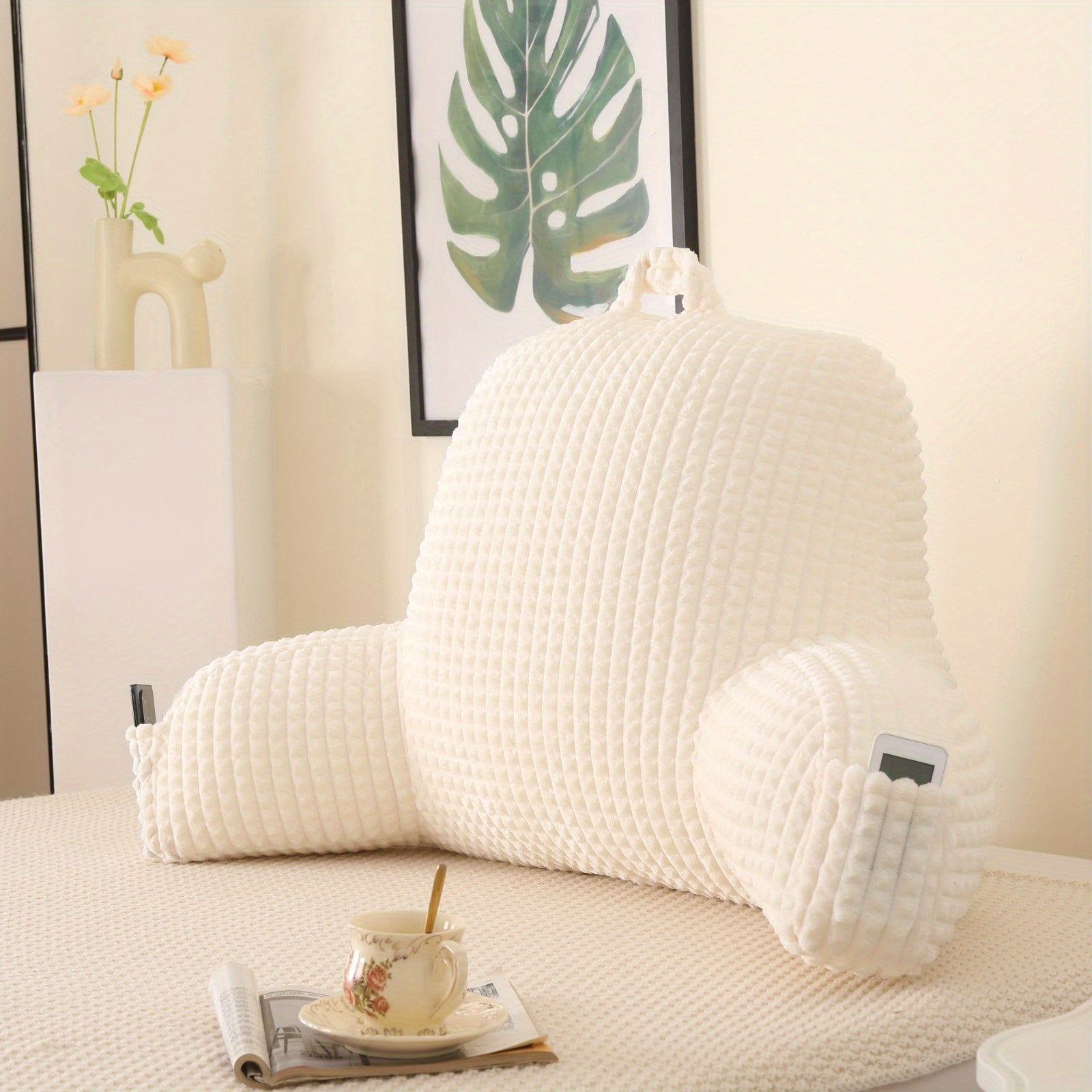 Ergonomic Waist Support Pillow, Lumbar Pillow, Back Support Pillow, Striped Reading Pillow Waist Pad 2-in-1, Washable Pillowcase with Armrests and Storage Bag, Suitable for Office, Bed, Sofa, Desk, Recliner Chair, Vehicle