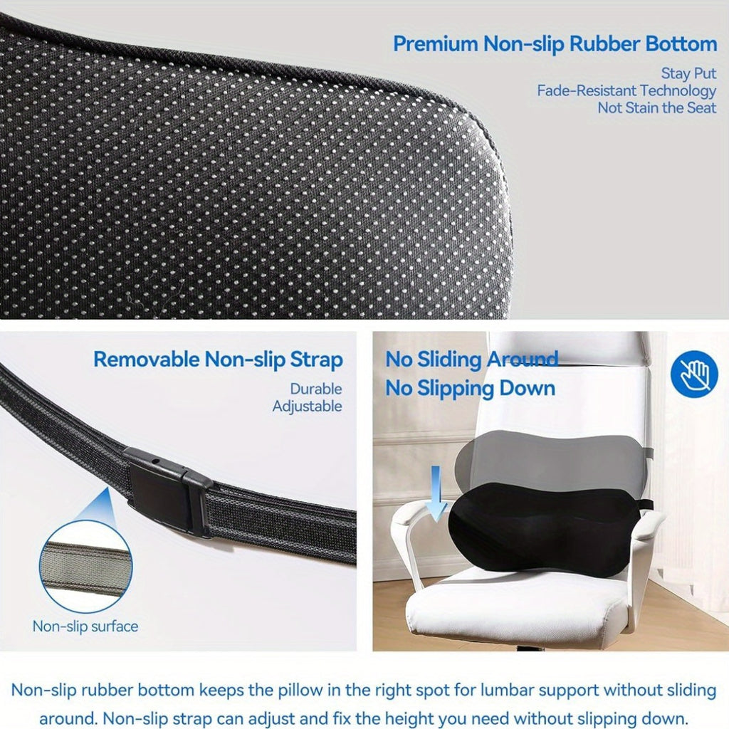 Premium Non-Slip Lumbar Support Pillow with Adjustable Strap - Fade-Resistant, Stay Put Design for Office Chair, Car Seat, Bed & Recliner - Black, Ergonomic Pillow, Seat Cushion, Modern Pillow, Durable Pillow