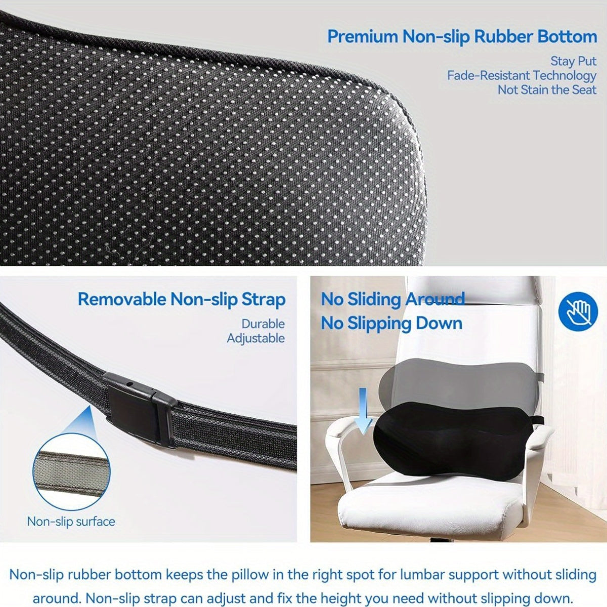 Premium Non-Slip Lumbar Support Pillow with Adjustable Strap - Fade-Resistant, Stay Put Design for Office Chair, Car Seat, Bed & Recliner - Black, Ergonomic Pillow, Seat Cushion, Modern Pillow, Durable Pillow
