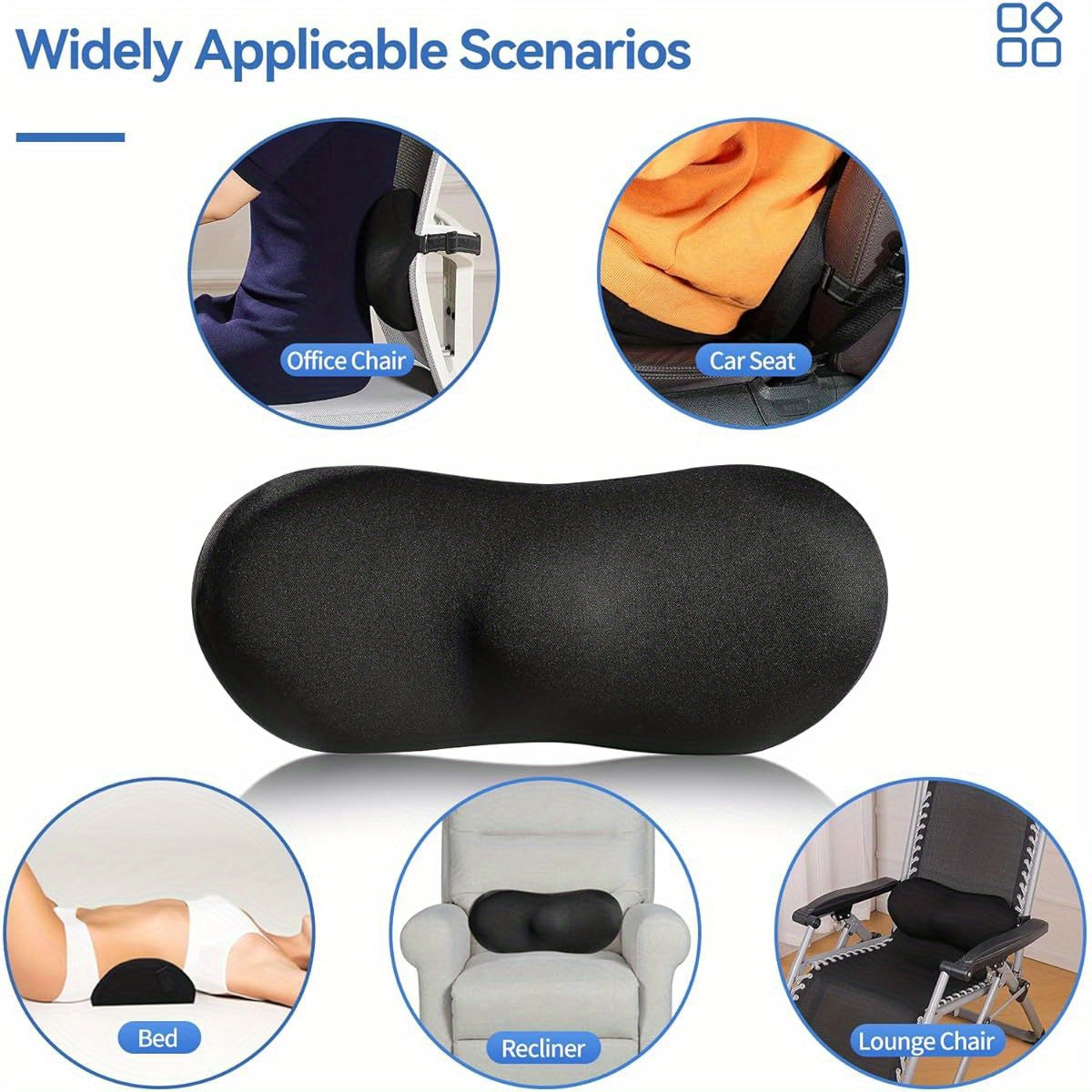 Premium Non-Slip Lumbar Support Pillow with Adjustable Strap - Fade-Resistant, Stay Put Design for Office Chair, Car Seat, Bed & Recliner - Black, Ergonomic Pillow, Seat Cushion, Modern Pillow, Durable Pillow